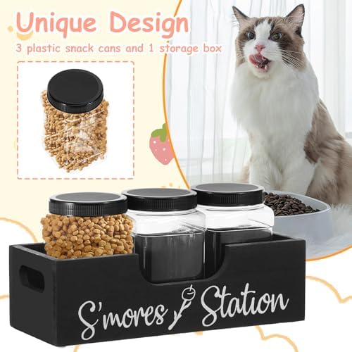 Wood Dog Treat Container with 3 Plastic Treat Jars, Large Capacity Dog Food Container, Multifunctional Pet Food Storage for Countertop