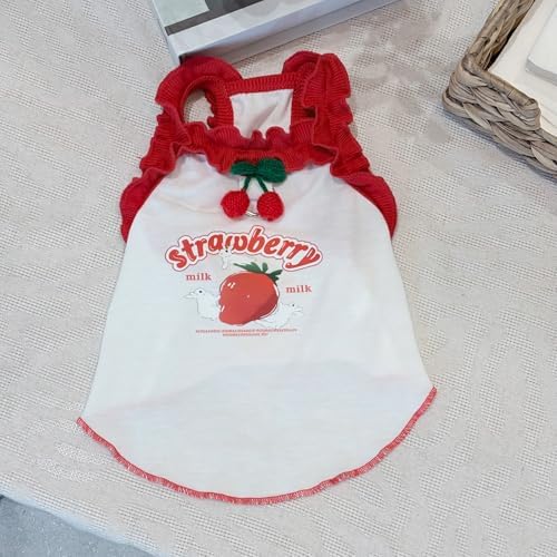 Cute Strawberry Dog Tank Top, Ruffled Edge Pet Clothes for Small Dogs Cats, Adorable Puppy Apparel with Cherry Decoration (Large)