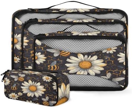 Honey Bumble Bee 4 Set Packing Cubes Luggage Organizer Bags for Travel Accessories and Essentials, Daisy Floral Bee