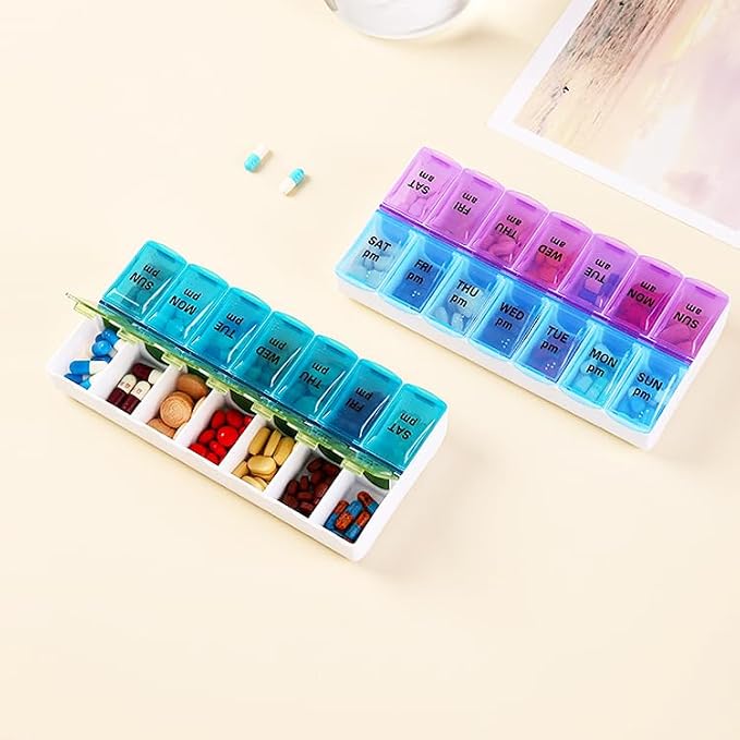 Weekly Pill Organizer Dispenser Case, 2 Times a Day, One-Side Open | 7 Day Medicine Planner Box for Easy Filling, AM PM Pill Case for Vitamins, Medication, Supplements, Fish Oils, Blue + Green