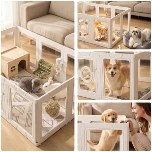 LEVELEVE Clear Acrylic Dog Playpen Indoor, Small Pet Play Pen for Puppy Cat Rabbit, Portable Dog Fence Crate Kennel Whelping Cage, 24" Height, White, 10 Panels