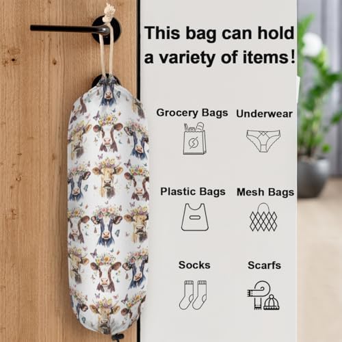 Pardick Plastic Bag Holder Butterfly Flower Highland Cow Wall Mount Grocery Bag Holder Wasgable Plastic Bag Dispenser Garbage Bag Organizer for Home Kitchen Decor, Gifts for Women Mom Family Friends