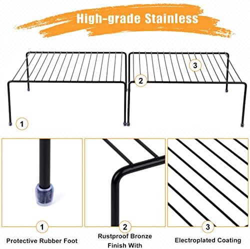 Kitchen Cabinet Storage Shelf Rack/Plastic Feet - (13.1 x 10.2 Inch) - Steel Metal - Rust Resistant Finish - Cups, Dishes, Cabinet & Pantry Organization (4, Black)