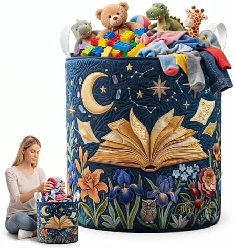 Quilted Laundry Basket With Handles, Boho Fabric Storage Basket, Multi-functional Clothes Storage Basket, Lightweight and foldable design(16" x 22")