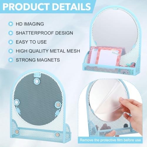 Weysat Set of 5 Magnetic Locker Accessories Mirror with 2 Magnetic Pen Holder and 2 Wire Mesh Storage Basket for Students Back to School Locker Organizer for Office End of School Years Gifts(Blue)