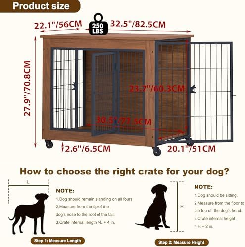 Dog Crate Furniture with Wheels, Wooden Dog Kennel Indoor, Decorative Side End Table for Small Dogs, Easy Installation (32.5'')