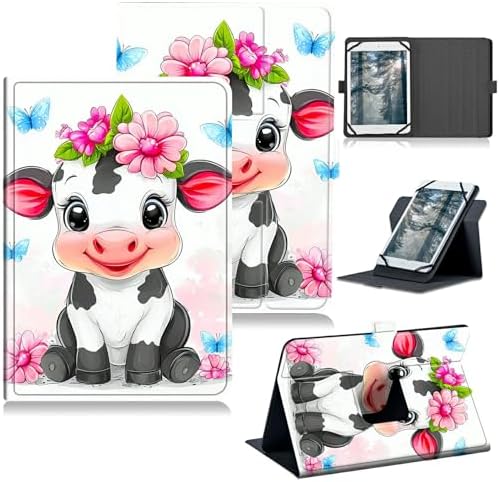 Universal Case for T-Mobile Revvl Tab 2 10.1" Model:9185W 2025/Revvl Tab 5G 10.36" 2023, 360 Degree Rotating Kickstand Protective Stand Leather Shell Cover for 9"-10.5", Flower Cute Cow