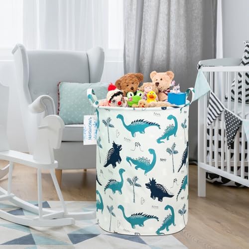 Round Laundry Basket Collapsible Storage Hamper Organizer Full Dinosaur | Waterproof Canvas Foldable Baskets with sturdy Handles Multi-scene Organizer for Home Play Bedroom Gift Bin