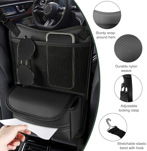 Ohleats Car Organizer Storage Between Seats, Nappa Leather Auto Handbag Holder for Document Phone Storage, Large Capacity Automotive Console Pocket Purse, Car Accessories (Black)