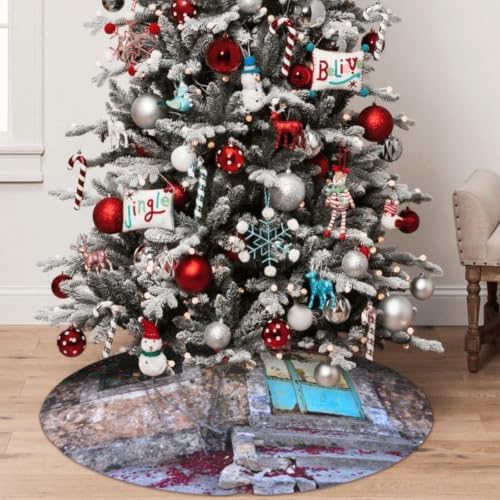Christmas Tree Skirt, Soft Polyester Xmas Tree Skirts with Ribbon Ties, Rustic Farmhouse Holiday Party Decorations House Entrance Corfu Greece Red Flowers Tree Shabby Window 48"