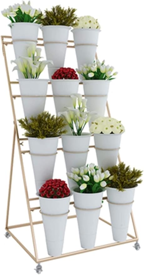 Flower Stand with Wheels Movable Wrought Iron Multi-Layer Flower Display Stand Plastic Flower Bucket Stand Flower Shop Balcony Courtyard