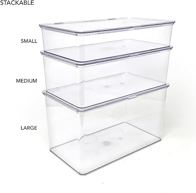 Isaac Jacobs Medium Stackable Organizer Bin (10.75”x6.5”x3.7”) | With Hinged Lid, Clear Storage Box Home Office School Fridge Bathroom Kitchen Pantry Container BPAFree Food Safe