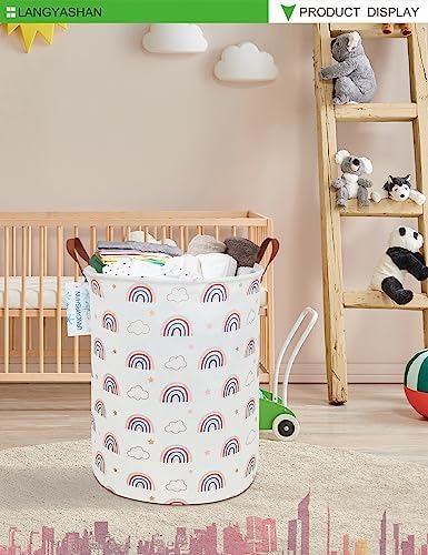 Round Laundry Basket Collapsible Storage Hamper Cloud Rainbow | Waterproof Canvas Foldable Baskets with sturdy Handles Multi-scene Organizer for Home Play Bedroom Gift Bin