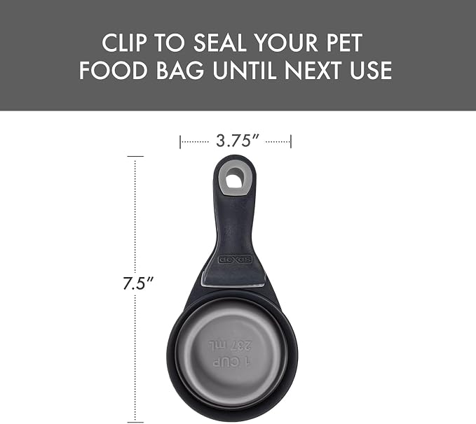 Dexas Popware for Pets Collapsible Klip Scoop, 3-in-1 Pet Food Scoop, Measuring Cup and Bag Clip, 1 Cup Capacity, Light Gray