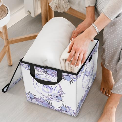 Purple Flower Storage Bin with Lid Personalized Storage Baskets for Organizing Foldable Closet Organizers with Handles,Cute Basket for Boys Girls for Clothes Blanket Pet Dog Toy Basket Storage 1 Pack