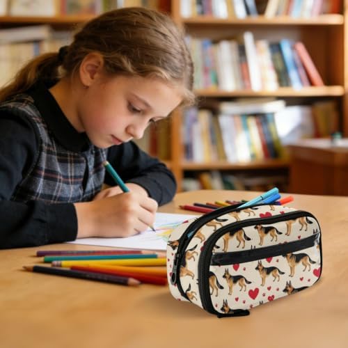 JUNZAN PVC Pencil Case German Shepherd Love Heart Pet | Full Polyester & PVC Double Zipper Office Organizer Multi-compartment