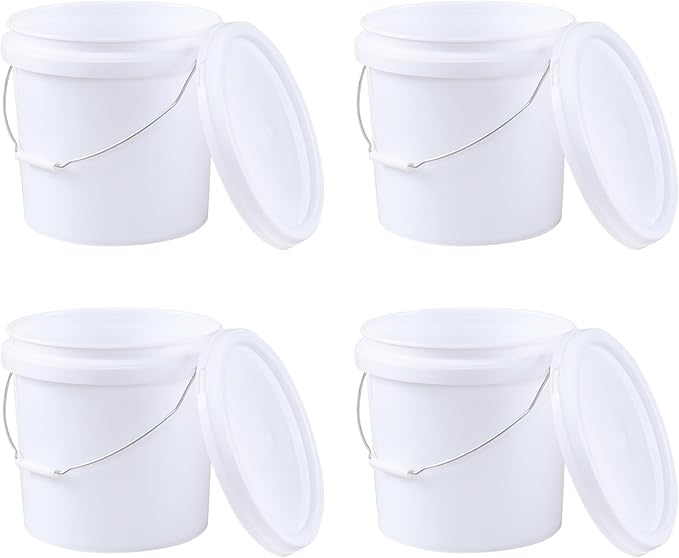 4 Gallon Food Grade Bucket with Lid, 4 Pack Bucket Pails | Round White All-Purpose Pails for Storage, Prep, Fermenting, Cleaning, Durable Reusable Containers with Handle