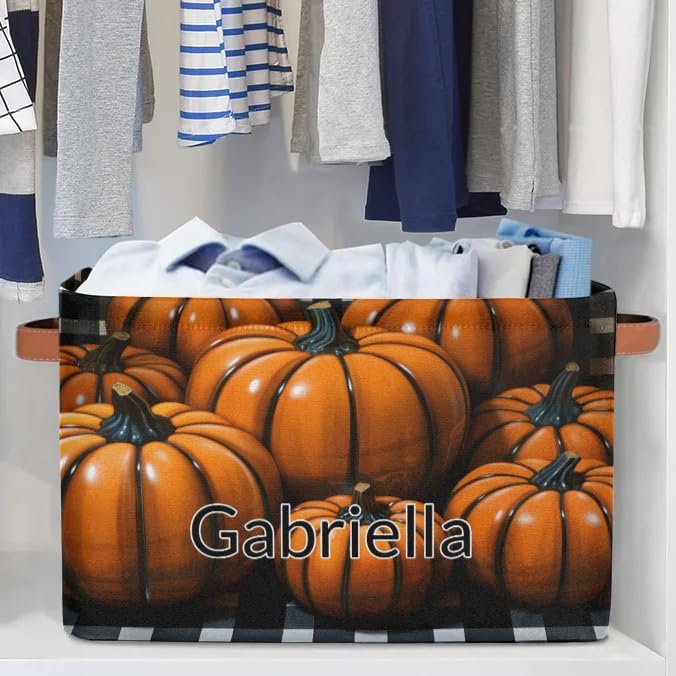 Personalized Storage Bins for Boys, Customized Name Orange Pumpkins Black White Plaid Storage Basket Rectangle Clothes Organizer for Organizing Kids and Pets Toys Shelf Closet