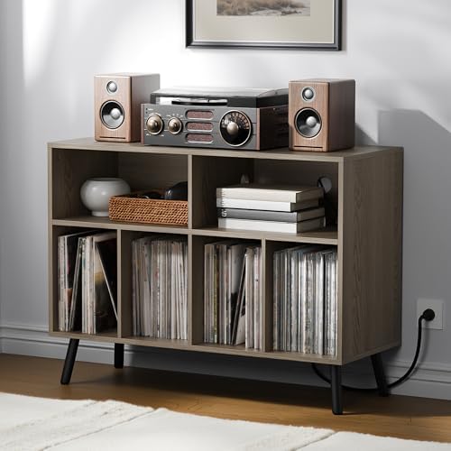 Cozy Castle Record Player Stand with Vinyl Storage Cabinet, Wood Turntable Table Open Shelf Holder Up to 350 Albums Cube Storage Organizer for Living Room, Office, Gray