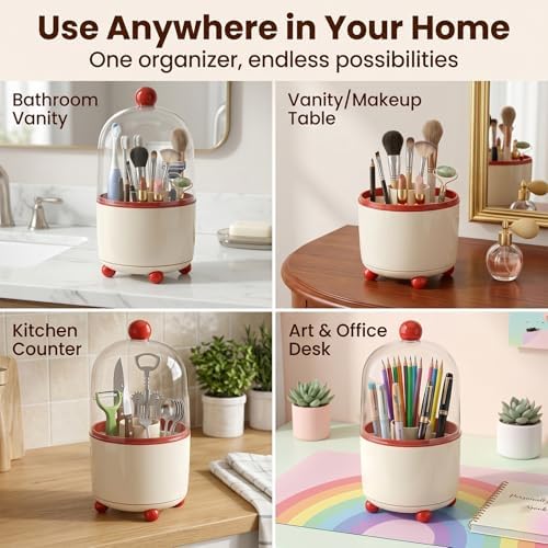 360°Rotating Toothbrush Holder with Cover, Dustproof Electric Toothbrush and Toothpaste Holder for Bathroom Countertop, 3 Slots Makeup Brush Organizer & Bathroom Storage (Red and White)