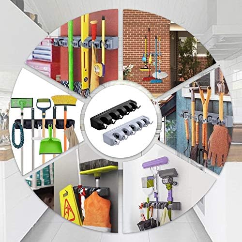 Mop and Broom Holder Wall Mount Heavy Duty Tool Organizer For Home Garden Garage And Storage (5 Positions with 6 Hooks)