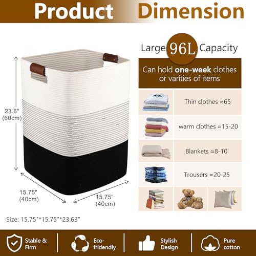 Laundry Hamper 96L Extra Large Laundry Basket, Woven Blanket Basket | Cotton Woven Storage Hamper with Handles for Living Room, Large Baskets for Pillows, Blankets, Clothes-Gradient Black