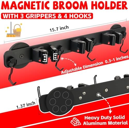 Magnetic Mop Broom Holder,Heavy Duty Movable Magnetic Wall Mount Tool Racks,No Drilling Utility Storage Shovel Hanger for Garage,Closet,Garden,Kitchen,Laundry (4 Hooks 3 Grippers,Black)