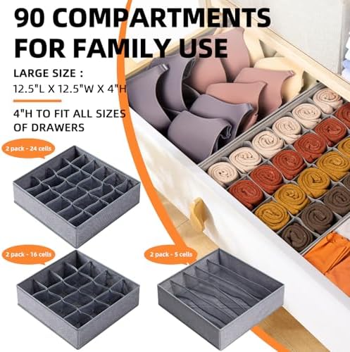 Criusia 6 Pack Large Drawer Organizer for Sock Underwear - Washable Heavy Duty Fabric Closet Organizers and Storage Bins - 90 Cells Dresser Organizer Divider for Baby Clothes, Ties, Belt (Grey)