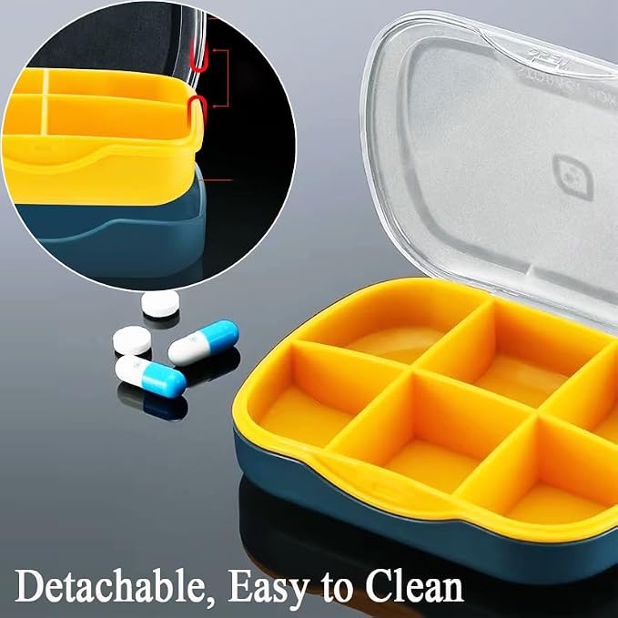 Weekly Pill Case Organizer, Small Travel Pill Box Planner 6 Tray | Cute Pocket Purse Daily Medicine Dispenser Reminder for Vitamin, Supplement, Fish Oil, Capsules, Tablet, Meds Storage Sorter