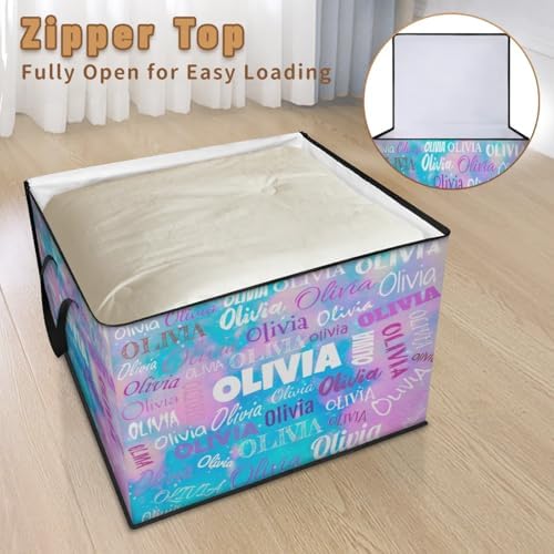 Custom Name Large Storage Bin with Lid, Personalized Storage Basket with Zippers for Organizing Comforters, Blankets, Bedding Closet Shelf Baskets, Watercolor Blue and Pink Galaxy Background