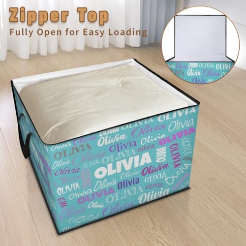 Custom Extra Large Storage Baskets Named with Lid, Personalized Storage Bins Basket Boxes Handles for Clothes Blanket Bedroom Closet Organizing Toys Shelves, Lake Blue with Colorful Names