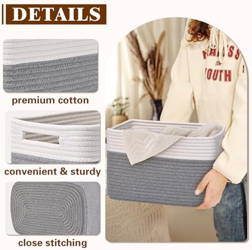 Storage Baskets for Organizing, 4 Pack Baskets for Shelves, Decorative Storage Bins for Shelves, Cotton Rope Storage Basket with Handles, Woven Basket for Storage, 13''Lx8.7''Wx7.9''H, White & Gray