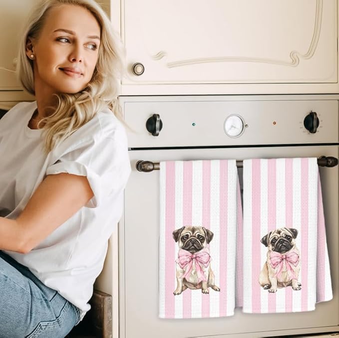 Pink Coquette Pug Kitchen Towels, Pug Lover Gifts Dish Tea Towels for Kitchen Decor, Preppy Girly Dog Pink Striped Decorative Hand Towel Bathroom Decor, 16x24 Inch Set of 2