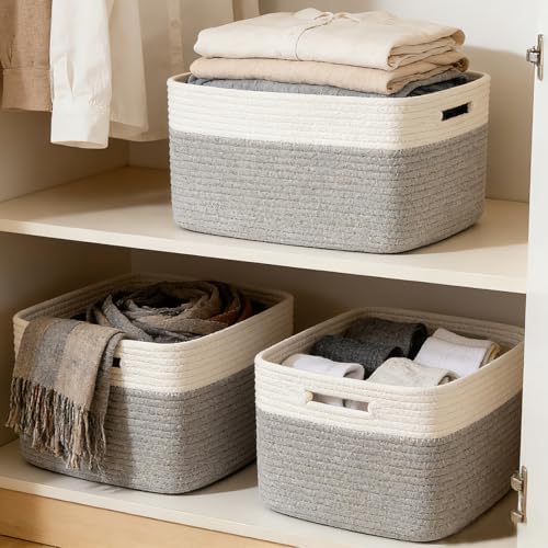 3 Pack Woven Baskets,Storage Baskets for Shelves with Handles | 13.5"×11"×9.5", Closet Baskets, Nursery Organizer for Toys Towels Books, Storage Bin for Living Room Bedroom (White & Grey)