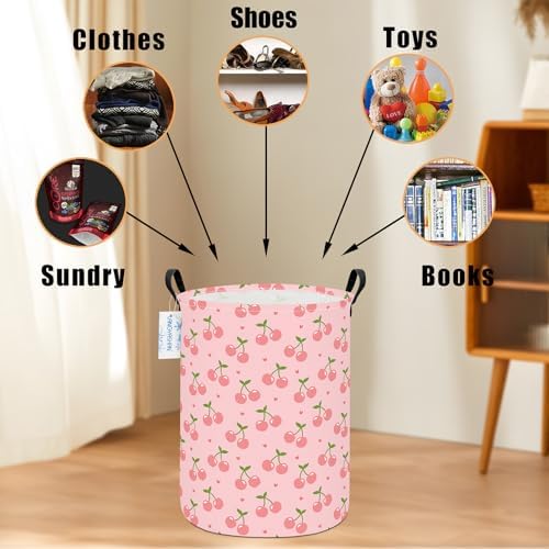 Round Laundry Basket Collapsible Storage Hamper Organizer Pink Cherry | Waterproof Canvas Foldable Baskets with sturdy Handles Multi-scene Organizer for Home Play Bedroom Gift Bin