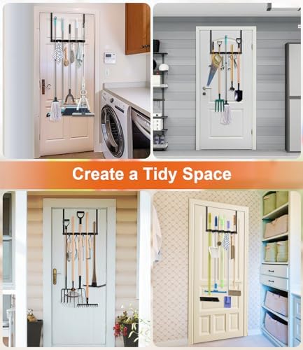 Broom Holder Over The Door with 4 Over Door Hook, Drilling Free Mop - Black | Save Space, Metal Mop and Broom Storage Wall Mount Broom Storage Tool Organizer for Laundry Room Garage Kitchen Bathroom