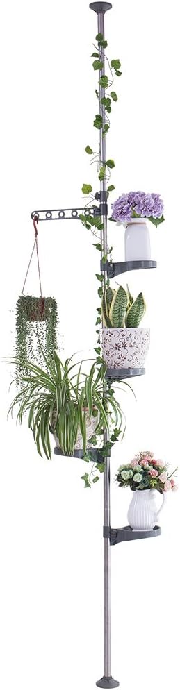 BAOYOUNI Plant Stand 5-Tier Tension Rod Pole Flower Holder Rack ，Grey | Indoor Vertical Garden Shelf，Space-Saving Corner Organizer,Adjustable Height for Flower Display Rack 4 Trays&1 Hook