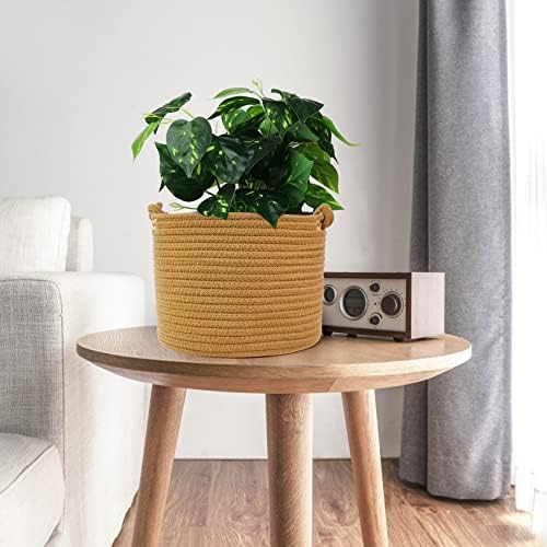 ABenkle Small Woven Basket, Cotton Rope Shelf Storage Basket, Small Round Basket, Cute Basket, Decorative Round Bin for Nursery Bedroom Bathroom, 9.4" x 9.4"x 7.1" Empty Gift Basket- Brown