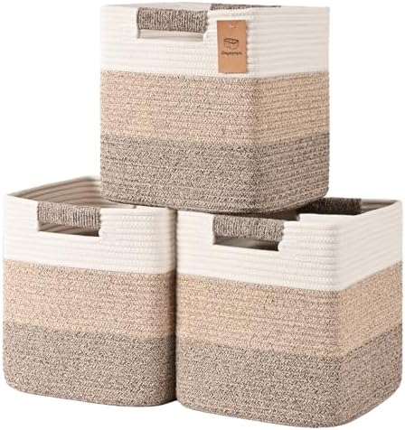 12 Inch Storage Cubes, 3 Pack Cube Storage Bins for Organizing, Cotton Rope Woven Baskets for Shelves, Bathroom, Kids Room, Closets, Baby Nursery