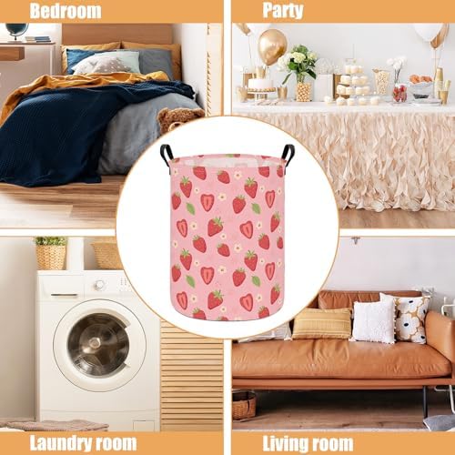 Round Laundry Basket Collapsible Storage Hamper Flower Strawberry | Waterproof Canvas Foldable Baskets with sturdy Handles Multi-scene Organizer for Home Play Bedroom Gift Bin
