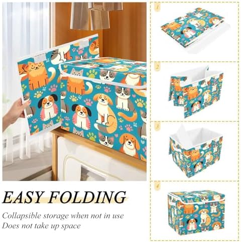 Dogs and Cats Storage Basket with Lid Collapsible Storage Bin Fabric Box Closet Organizer for Home Bedroom Office 1 Pack