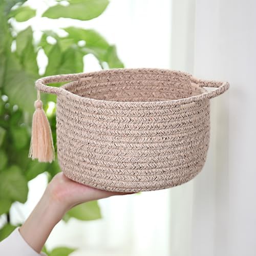 Small Gift Basket Empty to Fill, Gift Bag & Ribbon, Natural Beige | Cute Decorative Mini Woven Rope Basket with Handles for Gifting; Reusable for Bathroom Counter or Desk Catchall, 8 x 4.7 in
