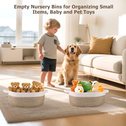 Small Woven Basket, 12" x 8" x 5" Gift Basket Empty with Ribbon and Gift Bag, Rope Basket for Baby Shower, Holiday Presents,Storage Basket with Handle for Nursery,Pet Toy Basket (White-Brown)