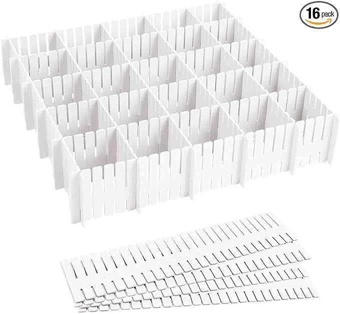 16Pcs Drawer Dividers, Adjustable Drawer Organizer for Socks, White | For Tidying Cutlery, Makeup, Clothes and Dresses in Drawers, Desks and Storage Boxes for Kitchen, Bathroom, Bedroom & Office