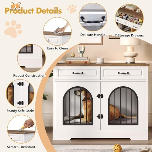 43.3" Dog Crate Furniture with 2 Storage Drawers & Side Access | Heavy Duty Wooden Dog Kennel, Chew-Resistant Wooden Pet House Cage for Medium Large Dogs