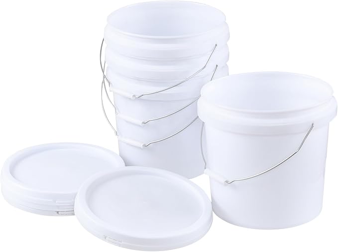 4 Gallon Food Grade Bucket with Lid, 4 Pack Bucket Pails | Round White All-Purpose Pails for Storage, Prep, Fermenting, Cleaning, Durable Reusable Containers with Handle