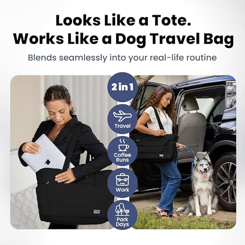 Rubyloo Dog Mom Essentials Bundle - Puffer Tote with Storage Containers (Black) and 32 oz Water Bottle with Detachable Bowl (Rescued is My Favorite Breed) - Travel Bag and Hydration Set