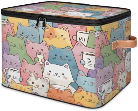 Cute Cartoon Cats Storage Box with Zipper Lid | Collapsible, Fabric, Storage Bin, Handle, Large, Closet Organizer, Containers, Bedroom, Home, Cat