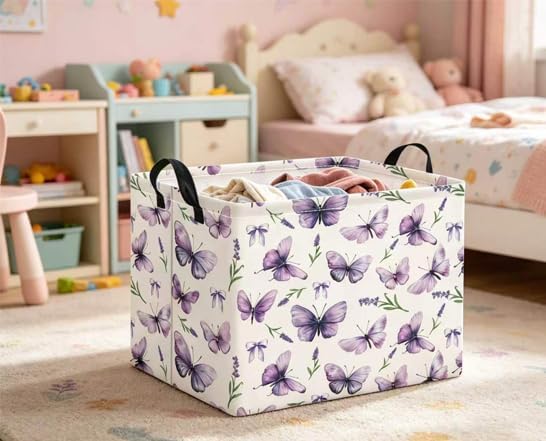 Rectangular Baby Kids Storage Basket for Home Kitchen Girls Cute Toy Storage Bin Organizer Shelf Book Room Decor(Lavender Butterfly)