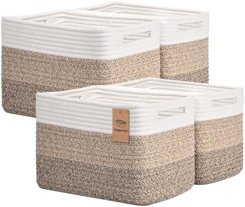 Storage Baskets for Organizing, 4 Pack Baskets for Shelves, Decorative Storage Bins for Shelves, Cotton Rope Storage Basket with Handles, Woven Basket for Storage, 13''Lx8.7''Wx7.9''H, Gradient Brown